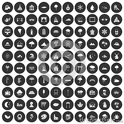100 scenery icons set black circle Vector Illustration