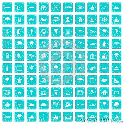 100 scenery icons set grunge blue Vector Illustration