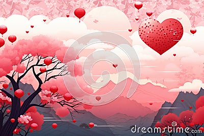 Scenery in japanese anime style, hand drawn watercolor illustration. Valentine's Day card Cartoon Illustration