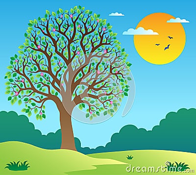 Scenery with leafy tree 1 Vector Illustration