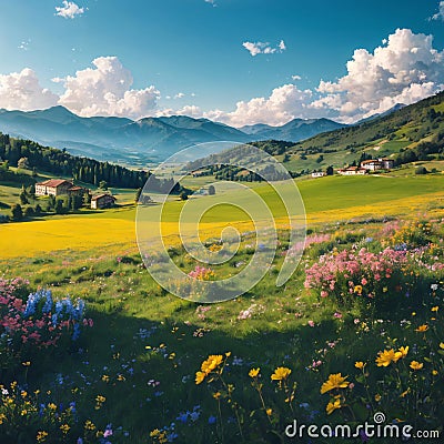 The scenery near the Piani di Ragnolo and Sibillini Mountains has expanses of gr... Stock Photo