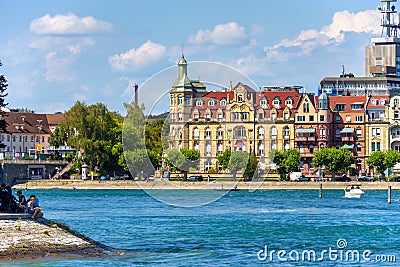 Scenery of old Constance or Konstanz in summer. Scenic view of coast of Constance Lake Bodensee Editorial Stock Photo