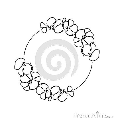 Scenery with orchids one line art. Continuous line drawing of circle with orchid flowers, ornament. Vector Illustration