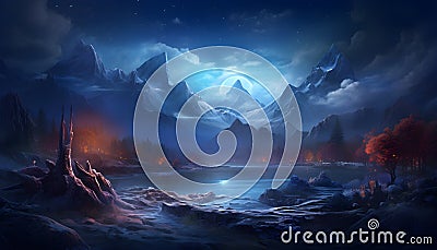 Scenery reflection lake and mountains landscape. Fantasy landscape with a lake, trees, clouds and moon. Moonlight. Starry sky. Cartoon Illustration