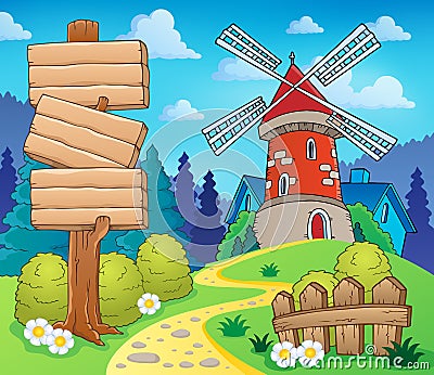 Scenery with sign and windmill Vector Illustration