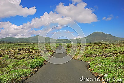 The scenery with a small road and bushes and mountain background outside nearby Cueva de Los Verdes, Lanzarote, Spain Stock Photo