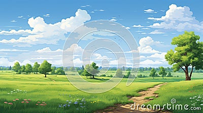 scenery spring view grass landscape Cartoon Illustration