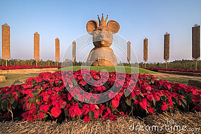 The scenery of the straw mouse with Christmas tree Poinsettia foreground made for Chinese new year celebration Editorial Stock Photo
