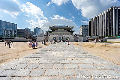 The scenery of tourists visiting at Kwanghwamun, located in Gyeongbokgung Palace, Seoul, South Korea Editorial Stock Photo