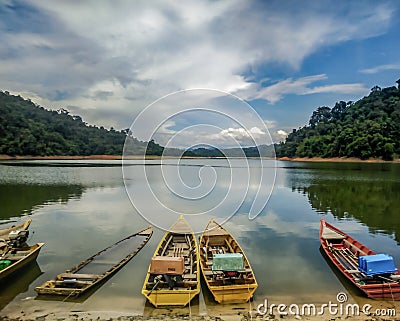 A scenery of traditional & artisan fishing boats in Gubir Lake, Kedah, Malaysia. Stock Photo