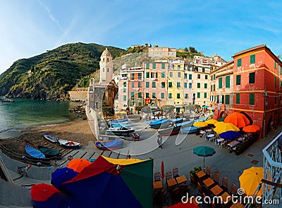 Scenery of Vernazza, a seaside village in Cinque Terre, Italy, with houses painted in bright colors Editorial Stock Photo