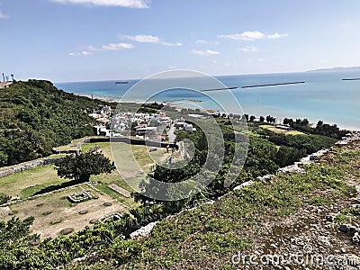 Scenery visible from Katsuren Castle Ruins in Japan. Stock Photo