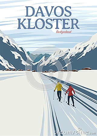 scenery of winter with couple skiing in davos koster poster, switzerland travel poster vintage illustration design Vector Illustration