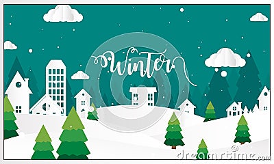 Scenery in the winter with full moon and snowy hills. design paper art and crafts Vector Illustration