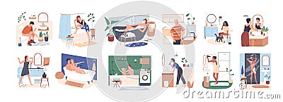 Scenes of daily hygiene routine in bathroom. People bathing, shaving, brushing teeth and sitting on toilet seat Cartoon Illustration