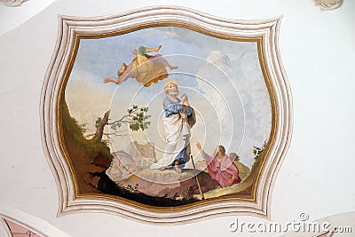 Scenes from the life of St. Peter, the fresco on the ceiling of the monastery church of St. John in Ursberg, Germany Editorial Stock Photo