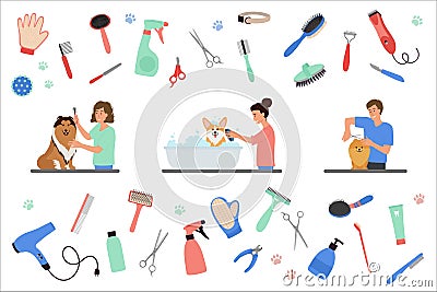 Scenes with people grooming dogs and tools for coat care Vector Illustration