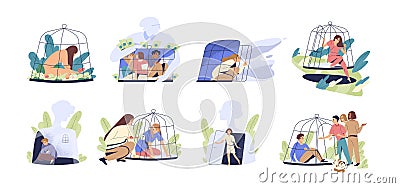 Scenes with people locked and getting out of the cage. Concept of inner prison escape and freedom. Victims in birdcage Vector Illustration