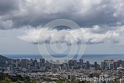 Scenic aerial Honolulu downtown vista on a rainy day, Oahu Stock Photo