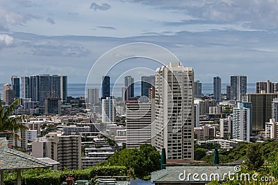 Scenic aerial Honolulu downtown vista on a rainy day, Oahu Stock Photo