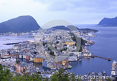 Scenic aerial view of Alesund skyline architecture at dusk Stock Photo
