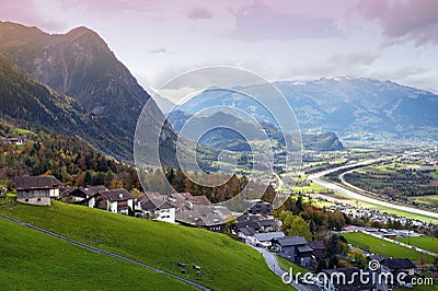 Scenic aerial view of hillside villages of Triesenberg and the river Rhine in Liechtenstein, an alpine country in Europe Stock Photo