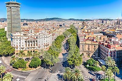 Aerial view of La Rambla pedestrian mall, Barcelona, Catalonia, Stock Photo