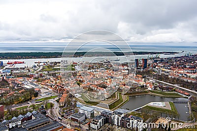 Scenic aerial view of the Old town of Klaipeda, Lithuania in evening. Klaipeda city port area and it`s surroundings on autumn day Stock Photo