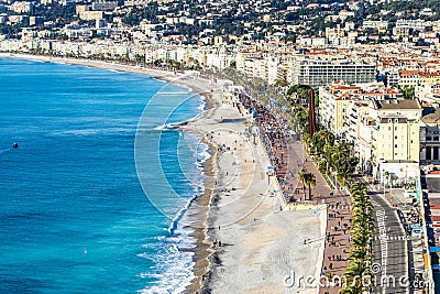 Scenic aerial view of Promenade des Anglais in Nice France with the sea on the left Editorial Stock Photo