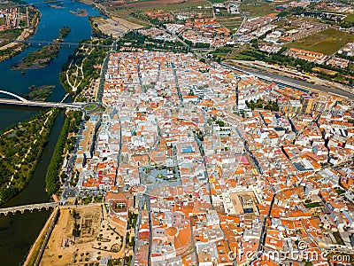 Aerial view of Merida with Roman Bridge and Lusitania Bridge Stock Photo