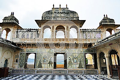 Scenic Architectural Details and Decorations inside the City Palace of Udaipur, Rajastan Region of India Stock Photo