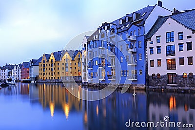 Scenic architectural view of Alesund skyline architecture at dusk Stock Photo