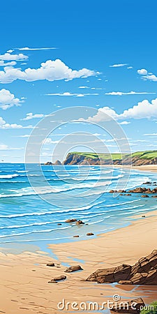 Highly Detailed 2d Illustration Of Beautiful Beach Scene In Bude, Cornwall Cartoon Illustration