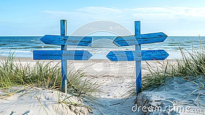 Scenic beach background with wooden direction signs. Coastal summer landscape suitable for travel guides. Bright blue Stock Photo