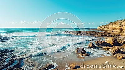 Scenic beach landscape with waves and rocky shore Stock Photo