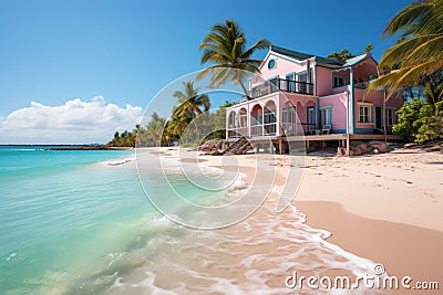 Scenic beach view with elegant palm trees and beach house, best summer image Stock Photo