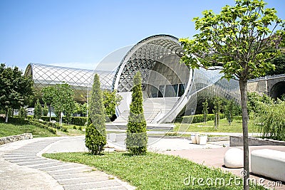 Scenic beautiful view panorama of old historic city Tbilisi center, tubes of Rike park, architecture building, Georgia Editorial Stock Photo