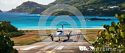 Scenic Caribbean Runway Small Plane Landing On An Island Airstrip Stock Photo