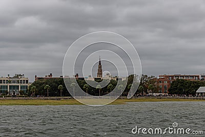 Scenic Charleston waterfront vista on a heavily overcast rainy day Editorial Stock Photo