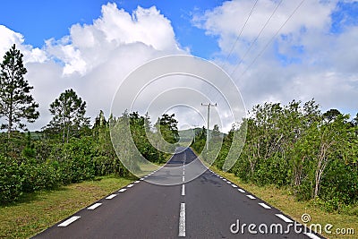 Scenic clean quiet tranquil road in rural or outskirt area with green trees and blue sky Stock Photo