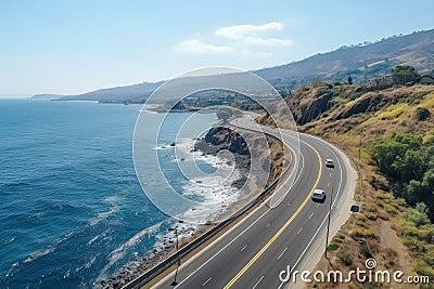 Scenic coastal drive with cars on asphalt road, stunning ocean view from top drone perspective Stock Photo