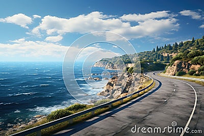 Scenic Coastal Highway with Ocean View, AI Generated Stock Photo