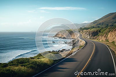 Scenic Coastal Highway with Ocean View, AI Generated Stock Photo