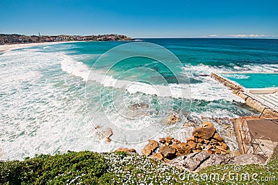 Scenic coastline with blue sky and sun Stock Photo