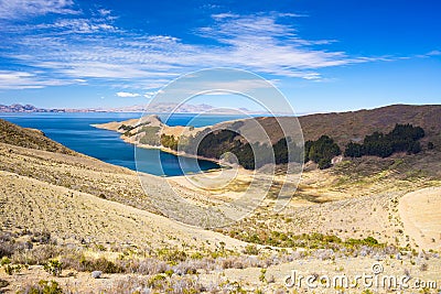 Scenic dramatic landscape on Island of the Sun, Titicaca Lake, among the most scenic travel destination in Bolivia. Stock Photo