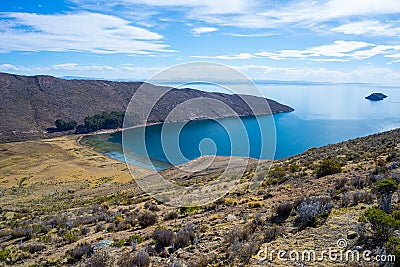 Scenic dramatic landscape on Island of the Sun, Titicaca Lake, among the most scenic travel destination in Bolivia. Stock Photo