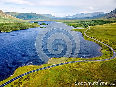 Scenic drive at Connemara National Park aerial shot in Ireland Stock Photo