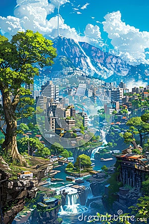 Scenic Fantasy Cityscape with Waterfall, Rivers, and Lush Greenery Digital Art Illustration Stock Photo