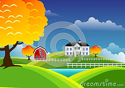 Scenic farm landscape Cartoon Illustration