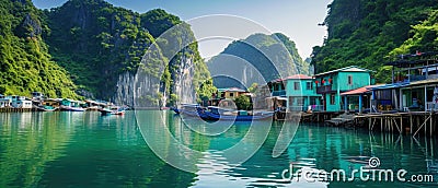 Scenic Fishing Village Hangs Above Tranquil Waters Amidst Picturesque Halong Bay Stock Photo